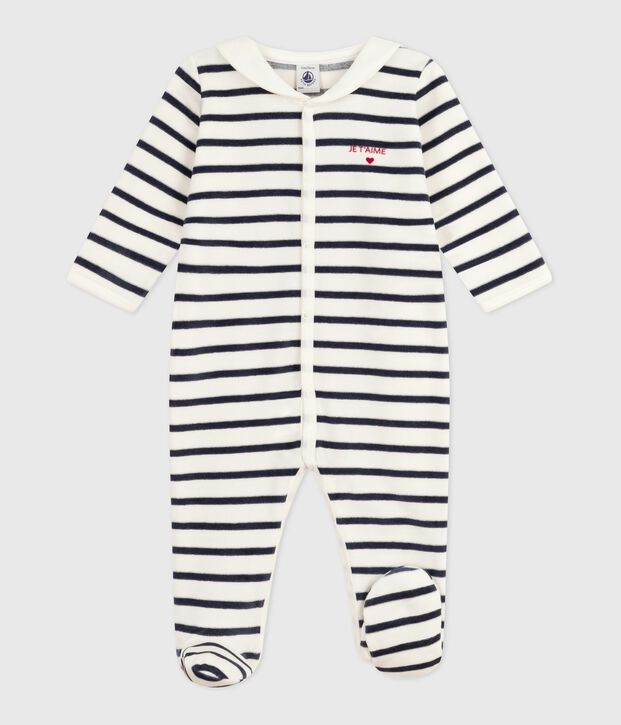 Babies' stripy velour pyjama suit white/blue