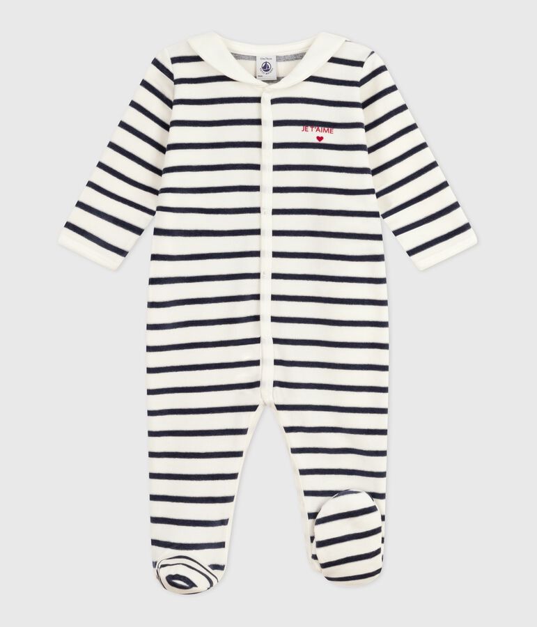 Babies' stripy velour pyjama suit white/blue