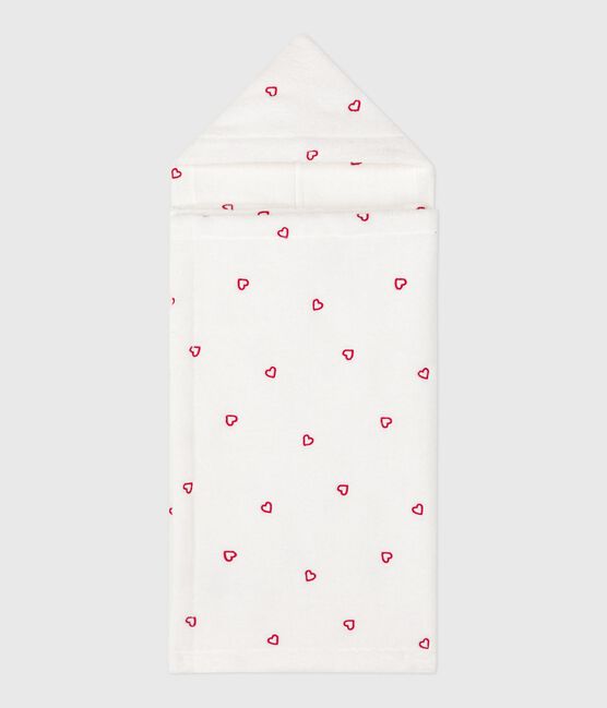 Babies' terry bath cape with embroidered hearts MARSHMALLOW white/CHARME pink