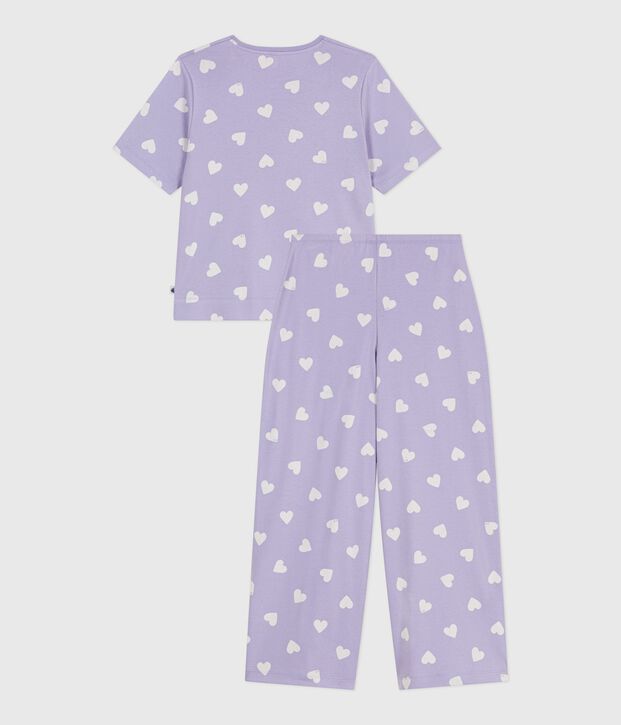 Women's cotton pyjamas with a heart print, short sleeves and wide legs purple/white
