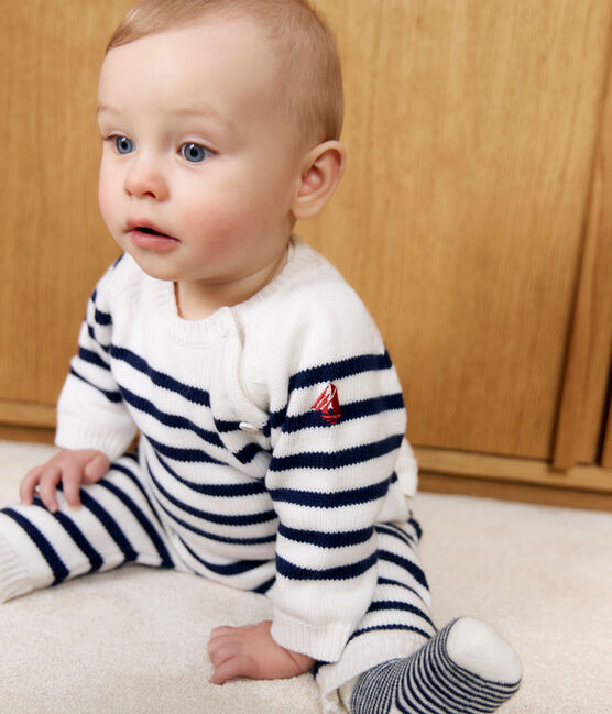 Babies' 2-piece stripy knit Breton top outfit MARSHMALLOW blue/SOIR