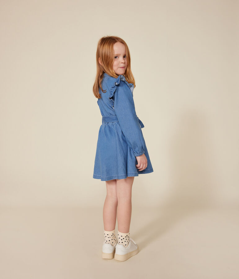 Girls' long-sleeved lightweight denim dress blue