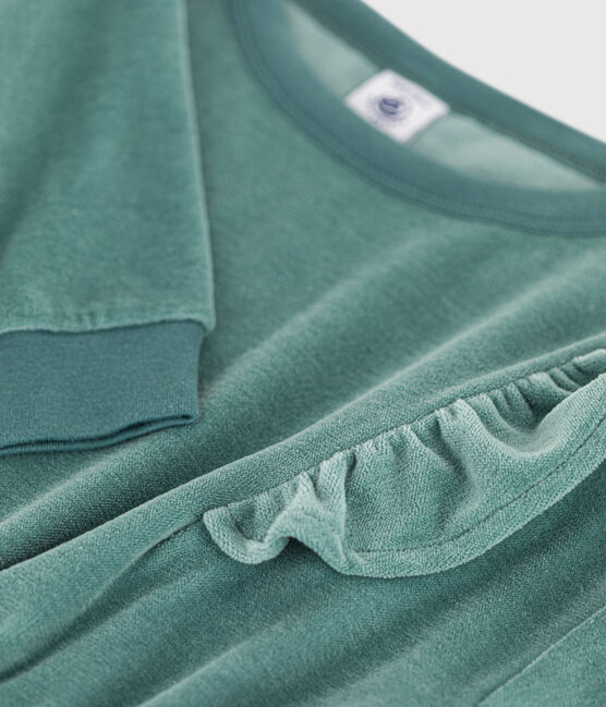 Girls' long-sleeved dress in plain bouclé velvet BRUT green