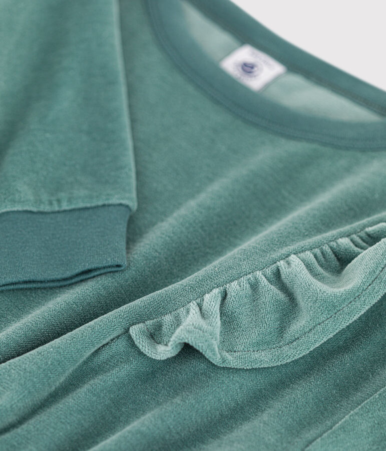 Girls' long-sleeved dress in plain boucl&eacute; velvet green