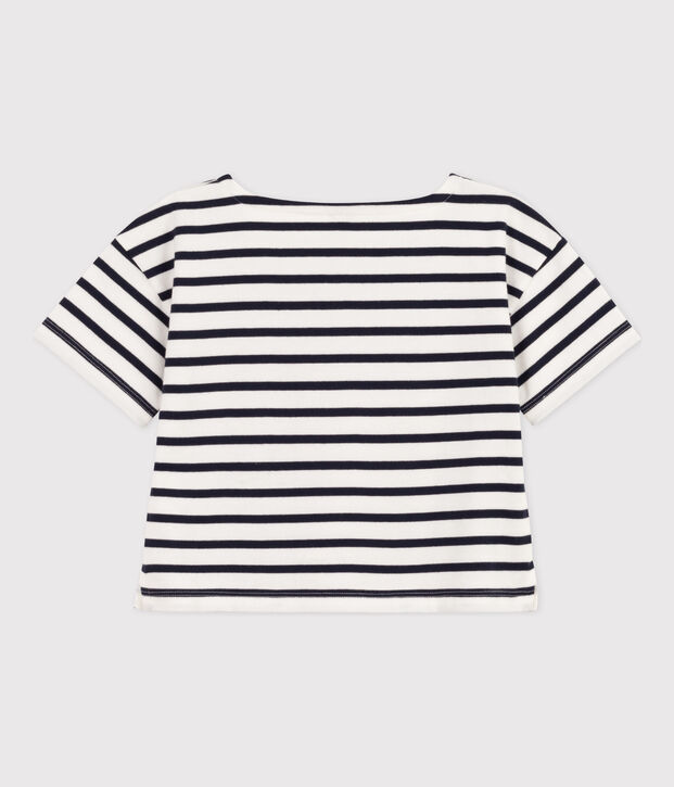 Girls' Stripy Short-Sleeved Cotton T-Shirt white/blue