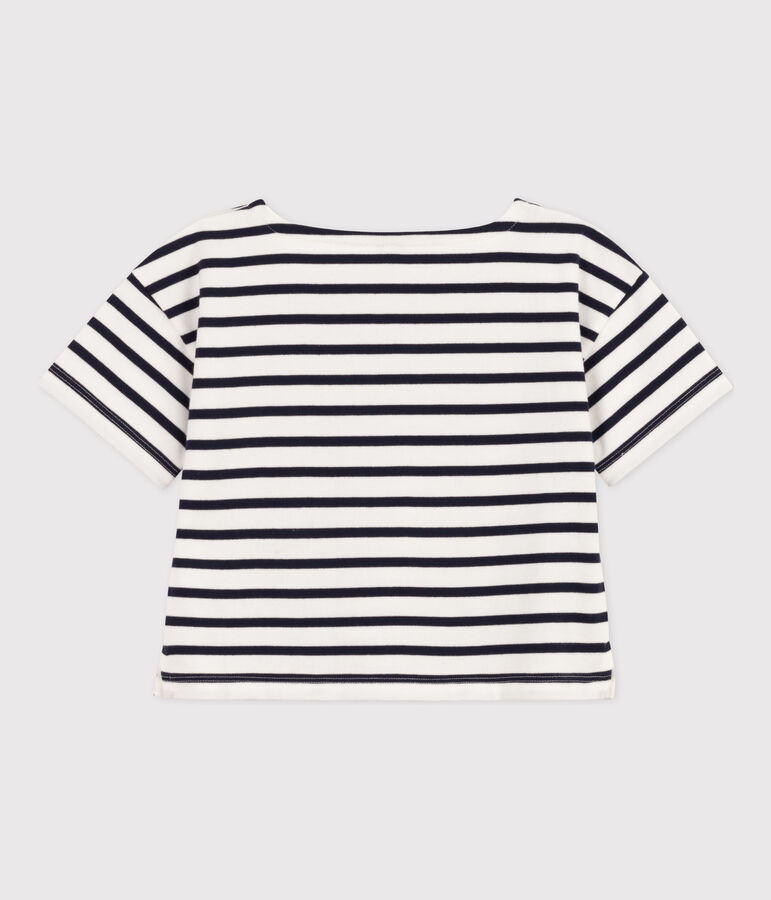 Girls' Stripy Short-Sleeved Cotton T-Shirt white/blue