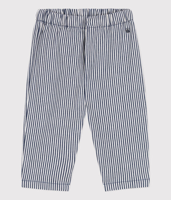 Babies' Striped Cotton Trousers MEDIEVAL blue/MARSHMALLOW white