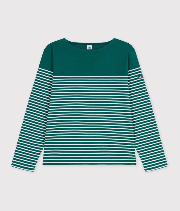 Women's cotton Breton T-shirt top green/white