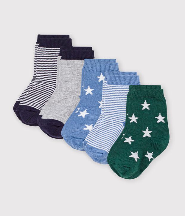 5 pairs of babies' cotton socks printed with stars and stripes multicolor