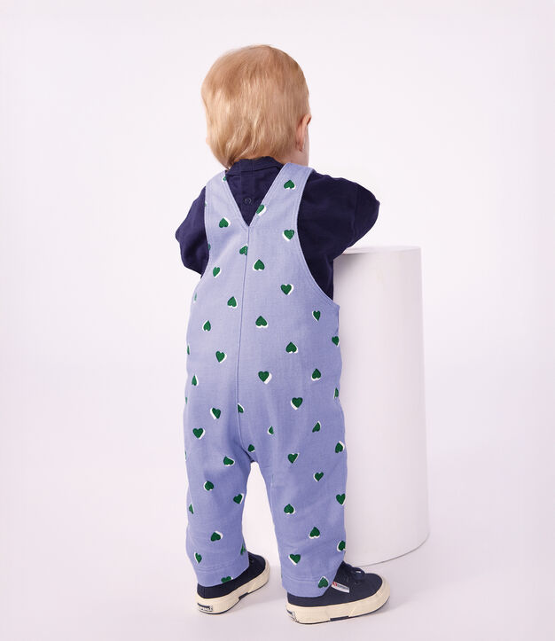 Babies' dungarees in serge with long legs and a heart print purple/multicolor