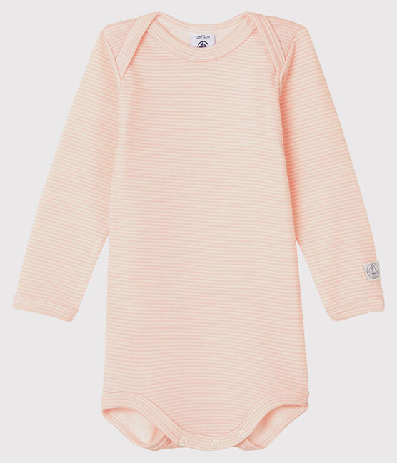 Babies' Striped Long-Sleeved Bodysuit in Cotton/Wool CHARME pink/MARSHMALLOW white