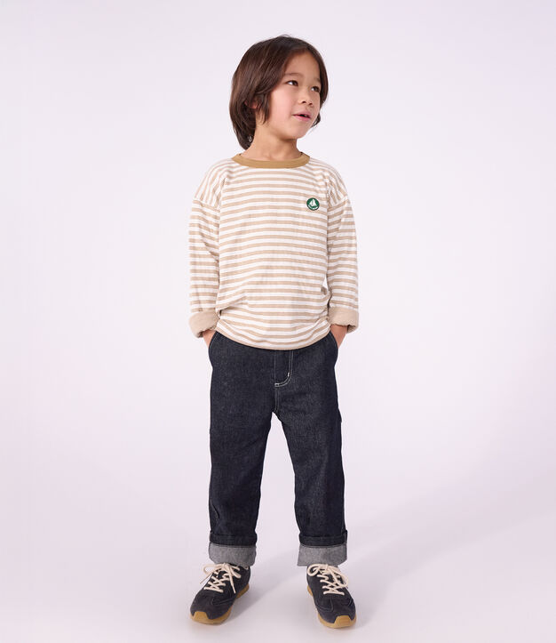Children's long-sleeved stripy T-shirt beige/ecru/beige