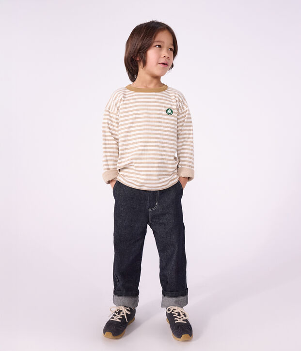 Children's long-sleeved stripy T-shirt beige/ecru/beige