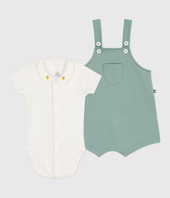 Newborn babies' set with dungarees and a body embroidered in plain cotton PAUL green
