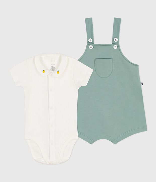 Newborn babies' set with dungarees and a body embroidered in plain cotton green