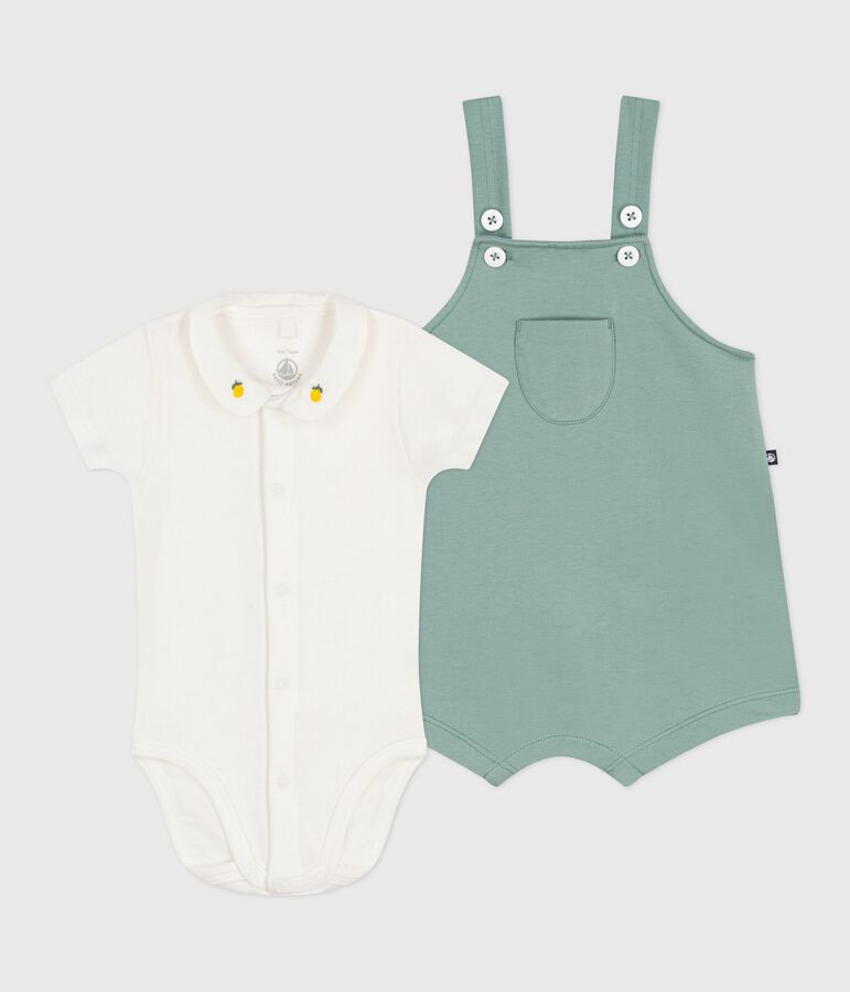 Newborn babies' set with dungarees and a body embroidered in plain cotton green