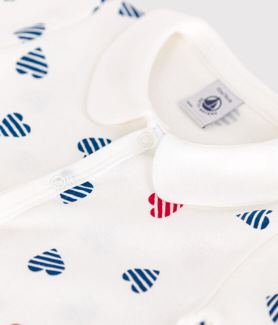 Babies' short stripy cotton jumpsuit with heart collar MARSHMALLOW white/MULTICO white