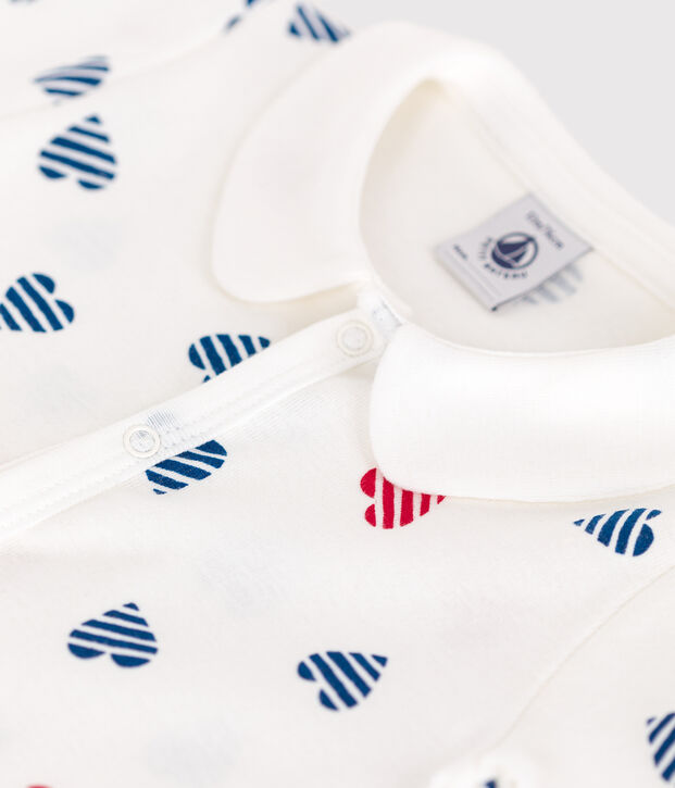 Babies' short stripy cotton jumpsuit with heart collar white/multicolor