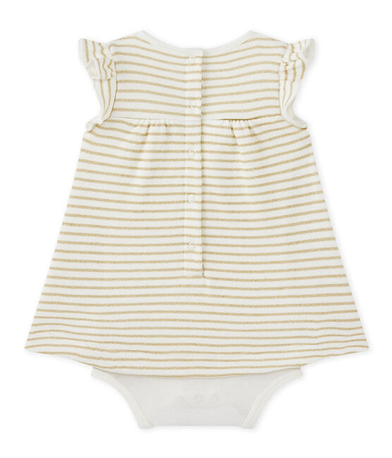 Baby girls' striped bodysuit dress MARSHMALLOW white/DORE yellow