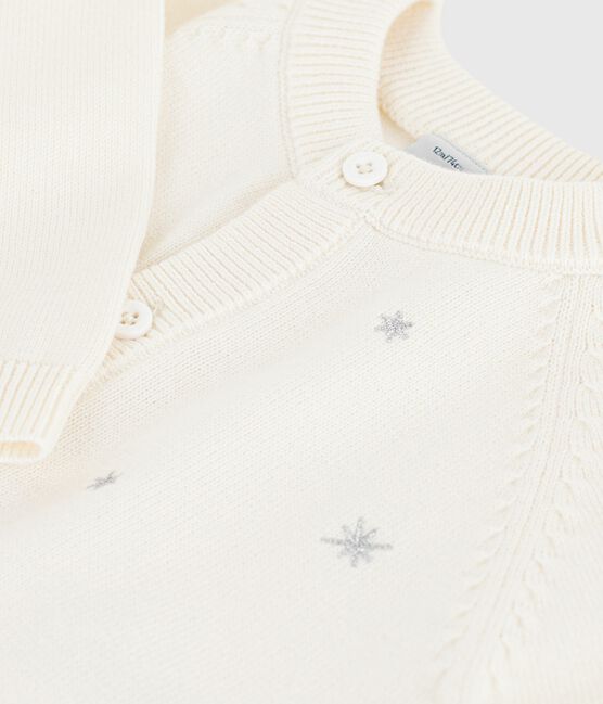 Babies' wool and cotton knit cardigan embroidered with stars MARSHMALLOW white/ARGENT grey