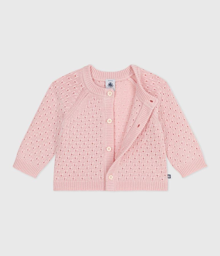 Babies' plain wool and cotton knit cardigan pink