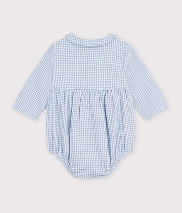 Babies' short cotton jumpsuit with a gingham collar blue/white