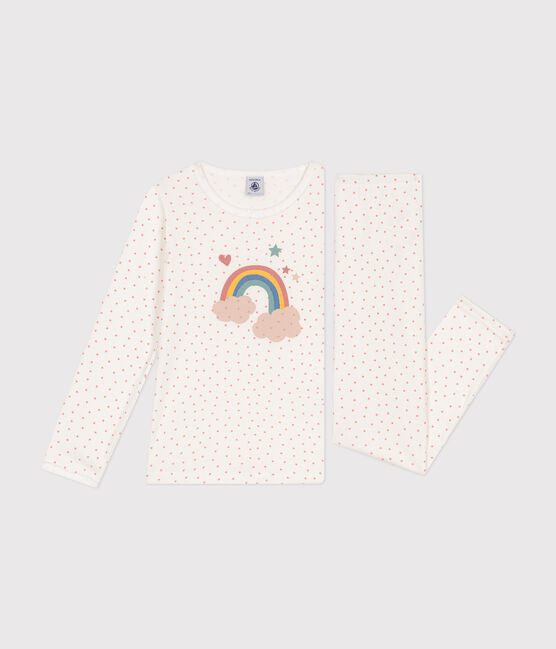 Children's cotton pyjamas printed with little hearts MARSHMALLOW white/PAPAYE