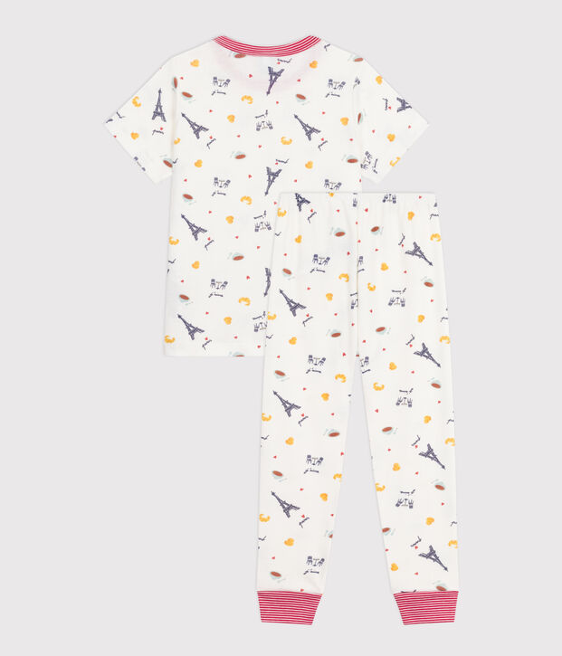 Children's printed cotton pyjamas with short sleeves and long legs white/multicolor
