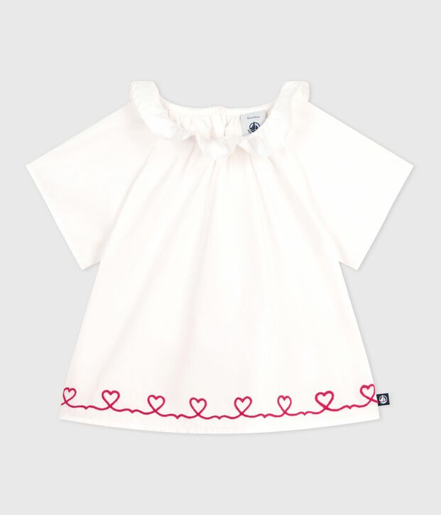 Babies' short-sleeved cotton poplin blouse with embroidered hearts white