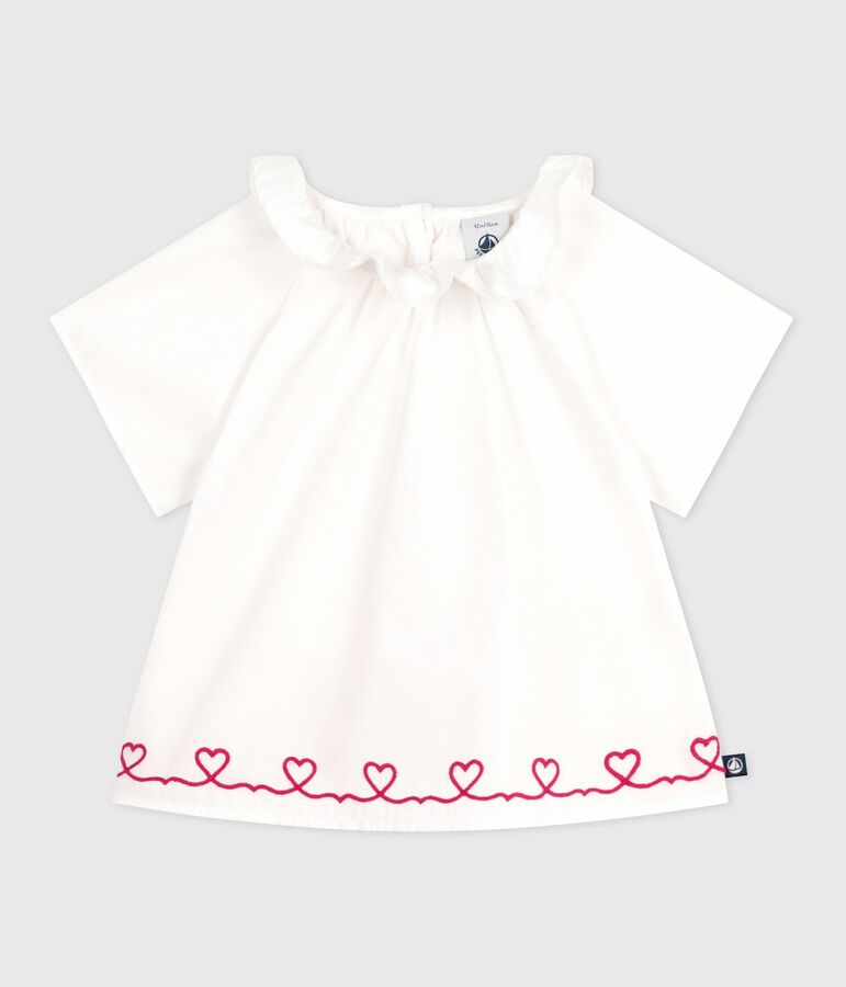 Babies' short-sleeved cotton poplin blouse with embroidered hearts white