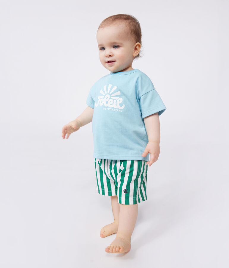 Babies' short-sleeved plain cotton T-shirt AQUATIC blue