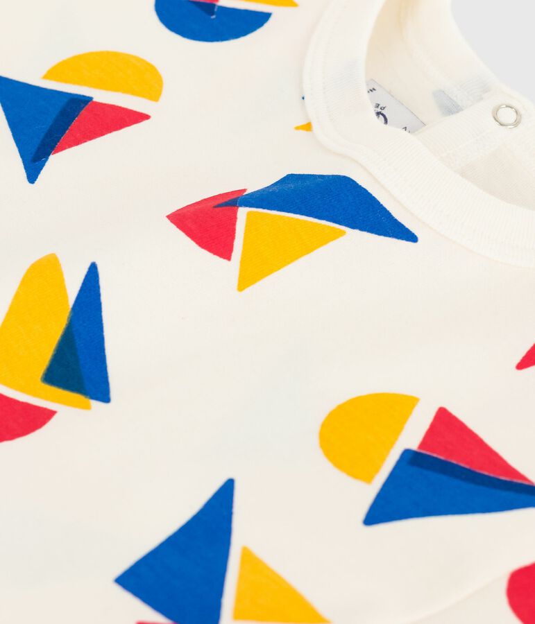 Babies' short-sleeved boat-print cotton T-shirt Ecru/multicolor