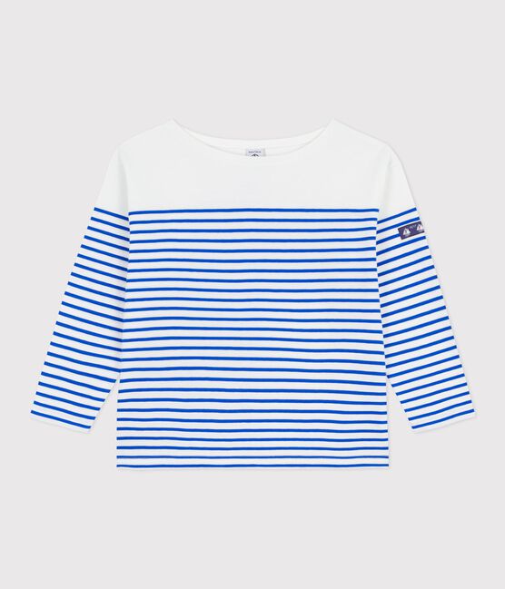 Children's stripy cotton Breton top MARSHMALLOW white/PERSE blue