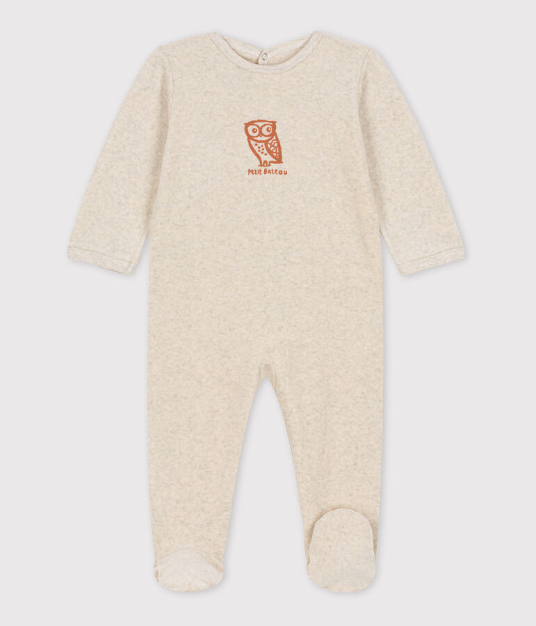 Babies' Owl Patterned Velour Sleepsuit beige