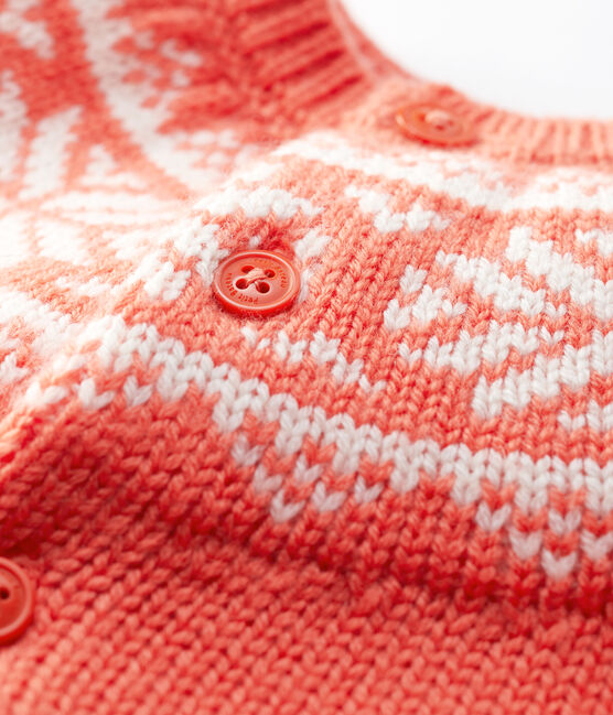 Babies' 100% Wool Cardigan OURSIN orange/MARSHMALLOW white