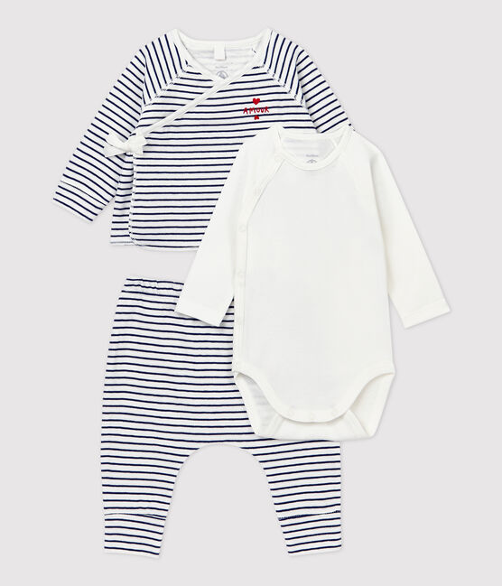Babies' Striped Organic Cotton Clothing - 3-Pack MARSHMALLOW white/SMOKING blue