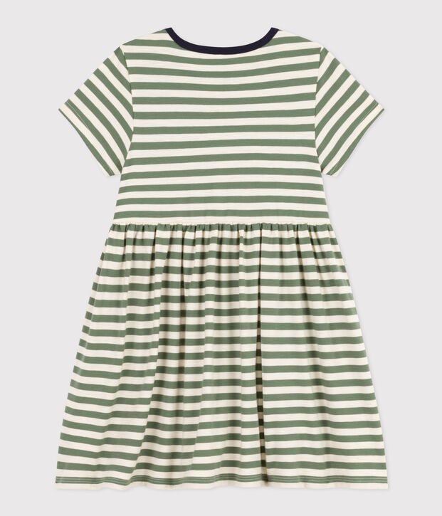 Girls' Stripy Short-Sleeved Cotton Dress green/ecru