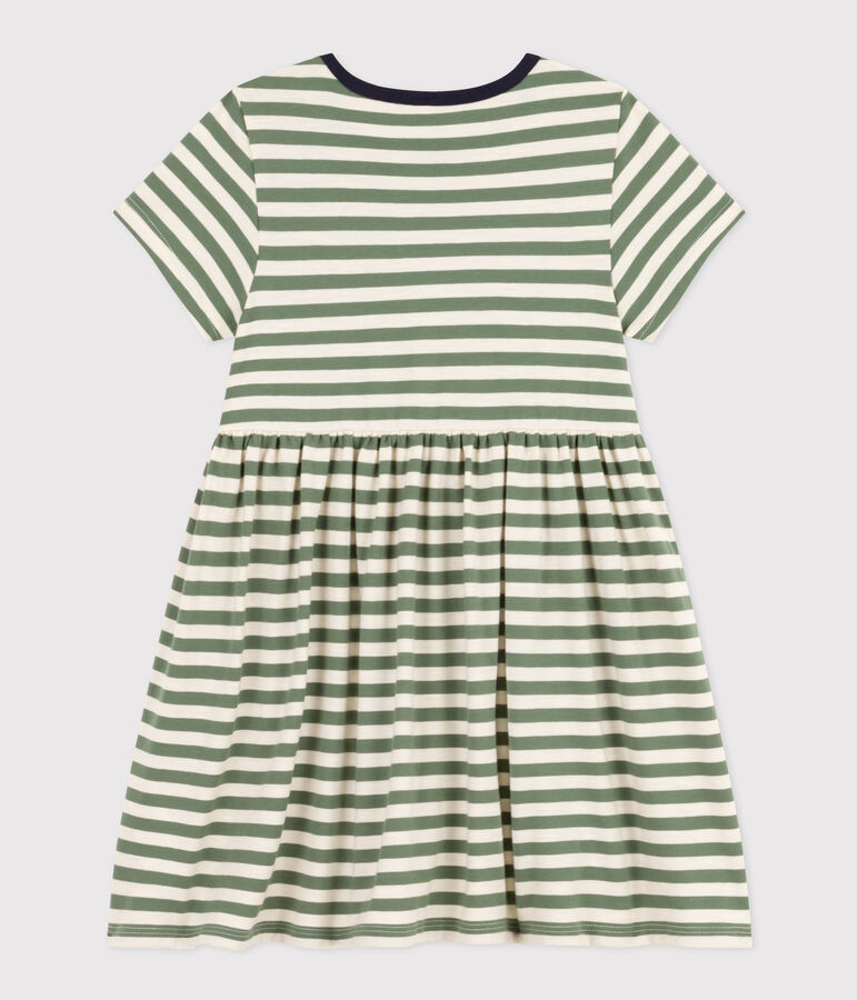 Girls' Stripy Short-Sleeved Cotton Dress green/ecru