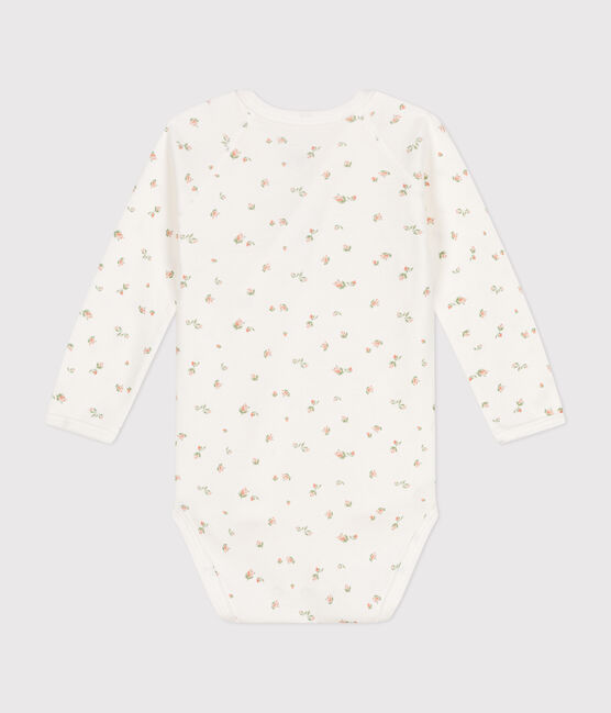 Babies' long-sleeved cotton wrapover bodysuit MARSHMALLOW white/SALINE