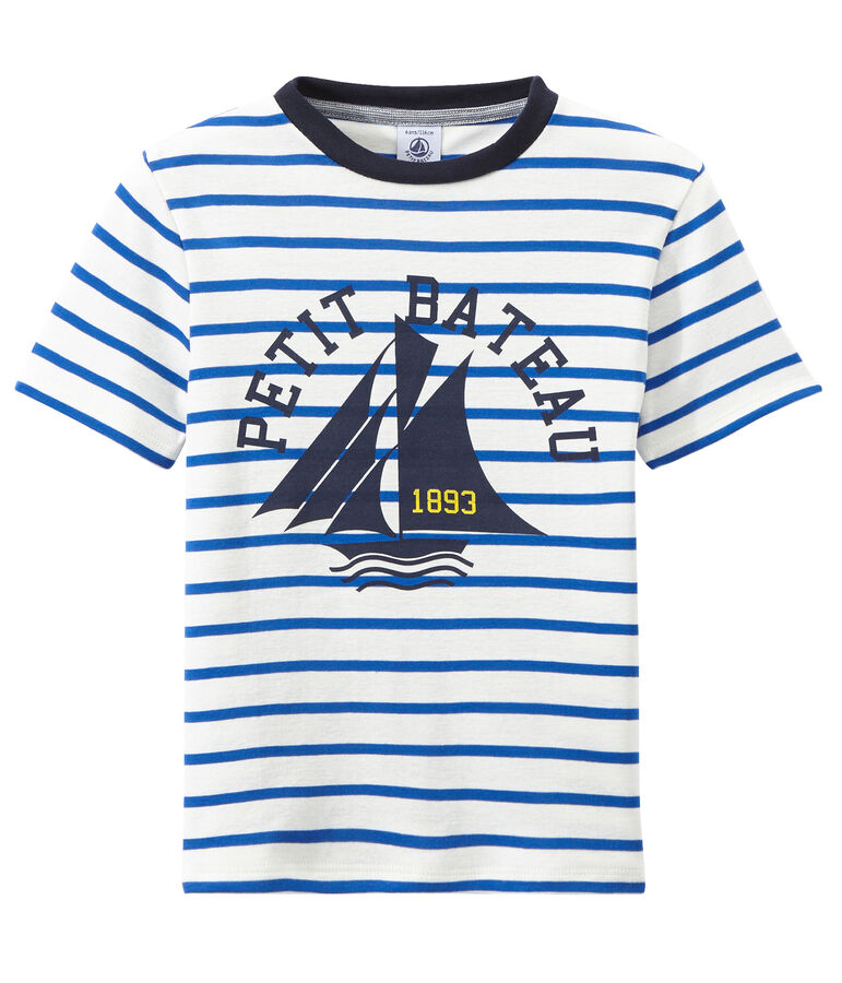 Boy's striped screen print T-shirt MARSHMALLOW white/PERSE blue