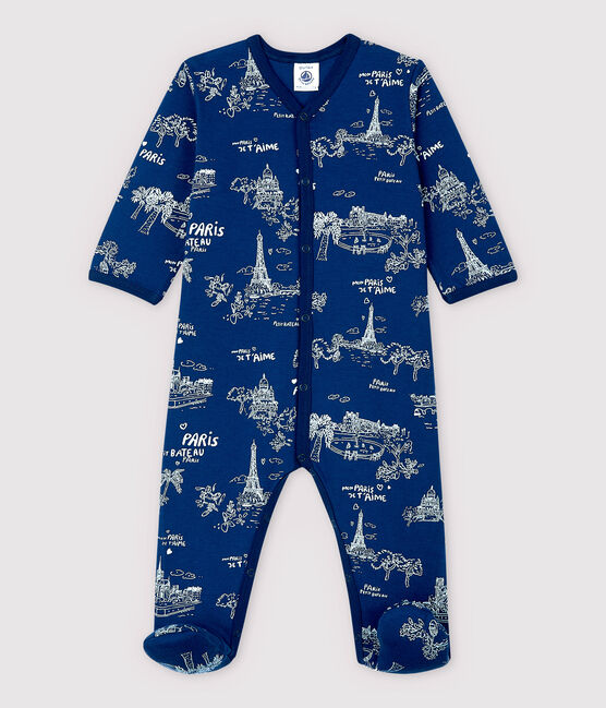 Babies' Toile de Jouy Paris Tube Knit Sleepsuit MEDIEVAL blue/MARSHMALLOW white