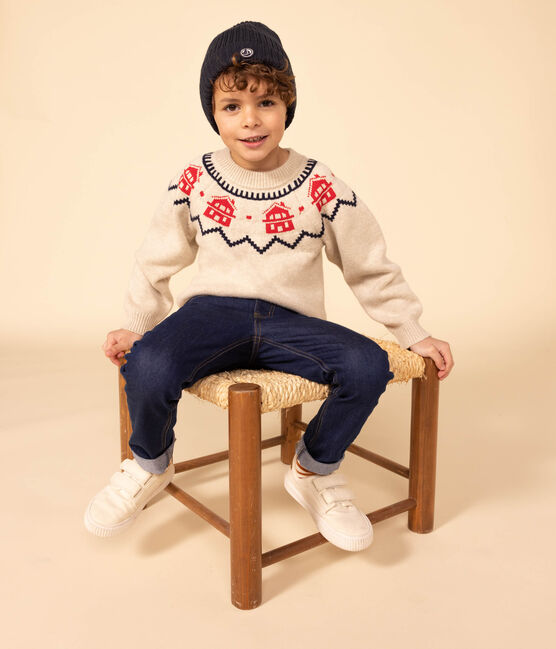 Unisex wool and cotton jacquard knit pullover MONTELIMAR beige/MULTICO white