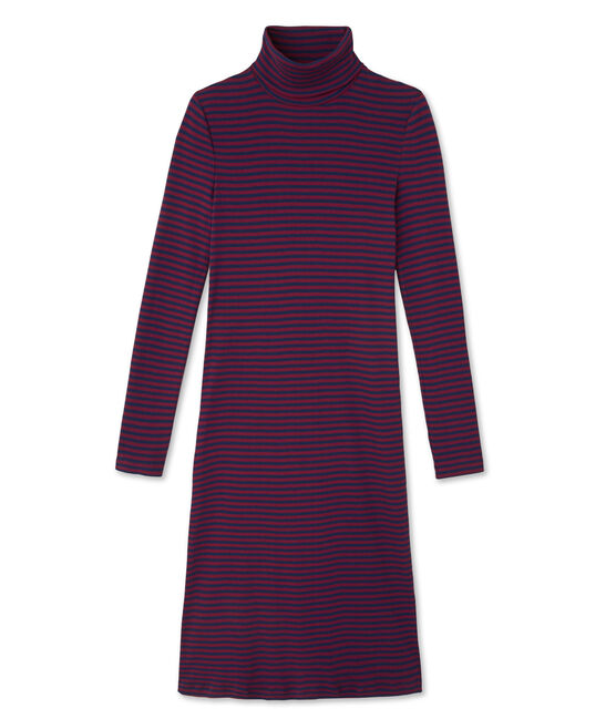 Women's striped roll-neck dress in ultra light cotton CLAFOUTI red/MEDIEVAL blue