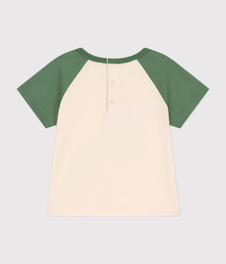 Babies' short-sleeved fine jersey T-shirt Ecru/green