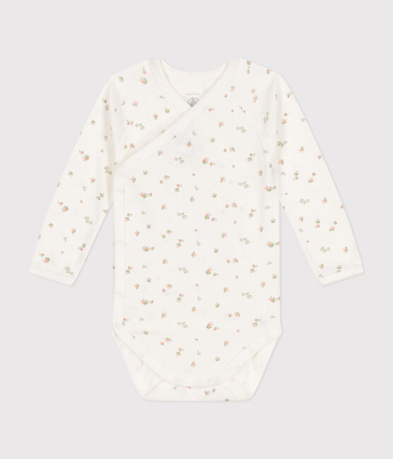Babies' long-sleeved cotton wrapover bodysuit MARSHMALLOW white/SALINE