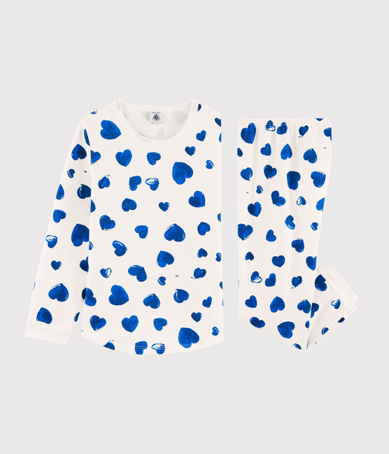 Girls' Blue Hearts Fleece Pyjamas MARSHMALLOW white/BLEU blue