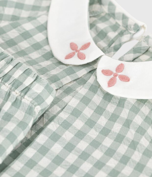 Babies' two-piece cotton gingham blouse and shorts set green/white