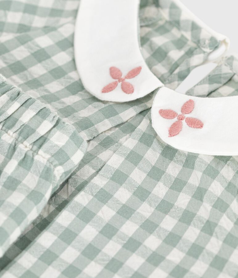 Babies' two-piece cotton gingham blouse and shorts set green/white