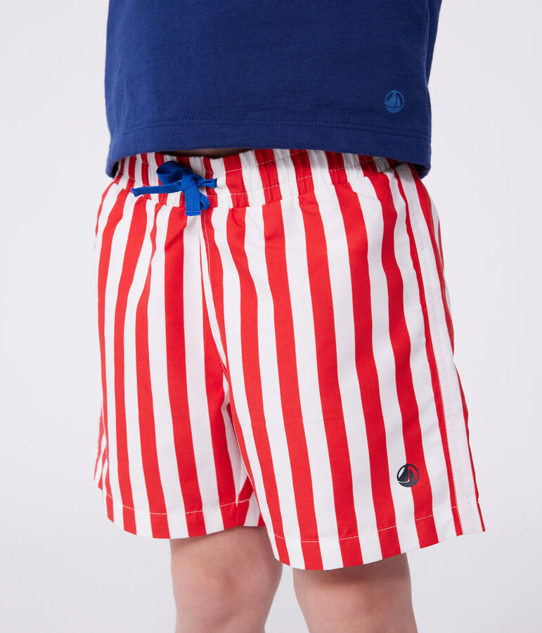 Children's stripy cotton swim shorts MARSHMALLOW red/SPI