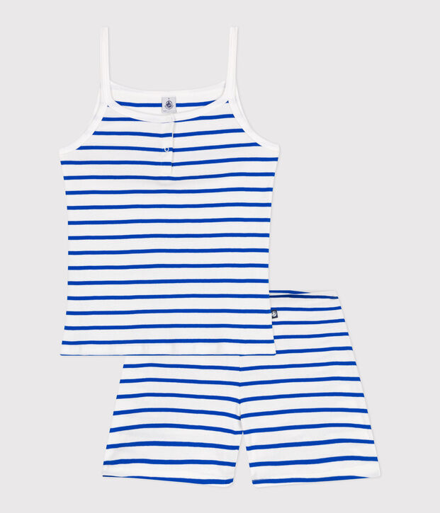 Women's short, stripy, strappy pyjamas white/blue